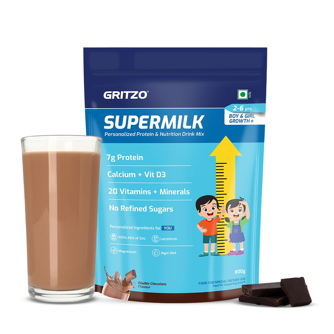 Gritzo SuperMilk Growth+ (Formerly Height+) (2-6y Boy & Girl), 7g Protein Powder (Double Chocolate, 800g) | Zero Refined Sugar, 20 Vitamins & Minerals
