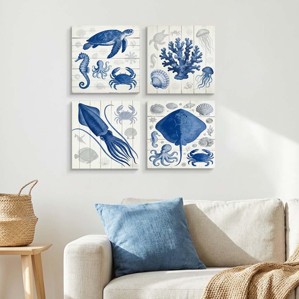 Artiluxy Coastal Canvas Wall Art Set of 4, 12x12 Inch Blue Ocean Nautical Wall Decor, Sea Life Beach Wall Art for Bathroom Living Room Beach House, Gallery Wrapped Canvas Prints Ready to Hang (White)