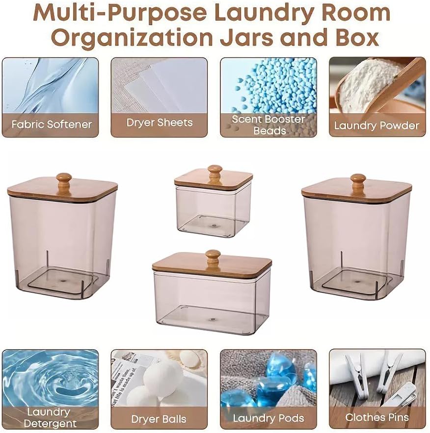 4 Pack Large Laundry Pods Container Laundry Room Organization Containers Storage Dryer Sheet Holder with Lids and Labels for Laundry Pods Laund (Brown)