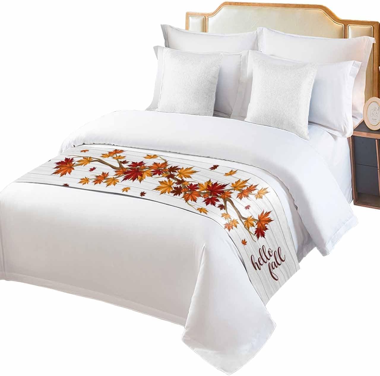 DecorLovee Maple Leaves Fall Bed Runners for Cal King Size Bed, Decorative Bed Throws for Foot of Bed, Thanksgiving Botanical Branches Wooden Bed Runner Sofa Throw Bedding Scarf Protector for Bedroom