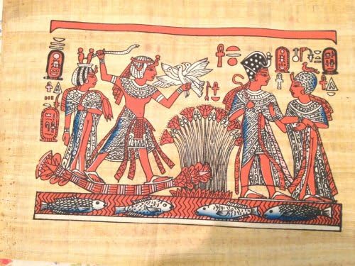 From Egypt Huge Signed Handmade Papyrus Egyptian_King TUT& Wife Boat_Art Painting Antique