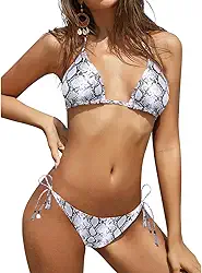 Biquíni feminino com laço lateral e parte inferior acolchoada triangular, Pele de cobra branca, P