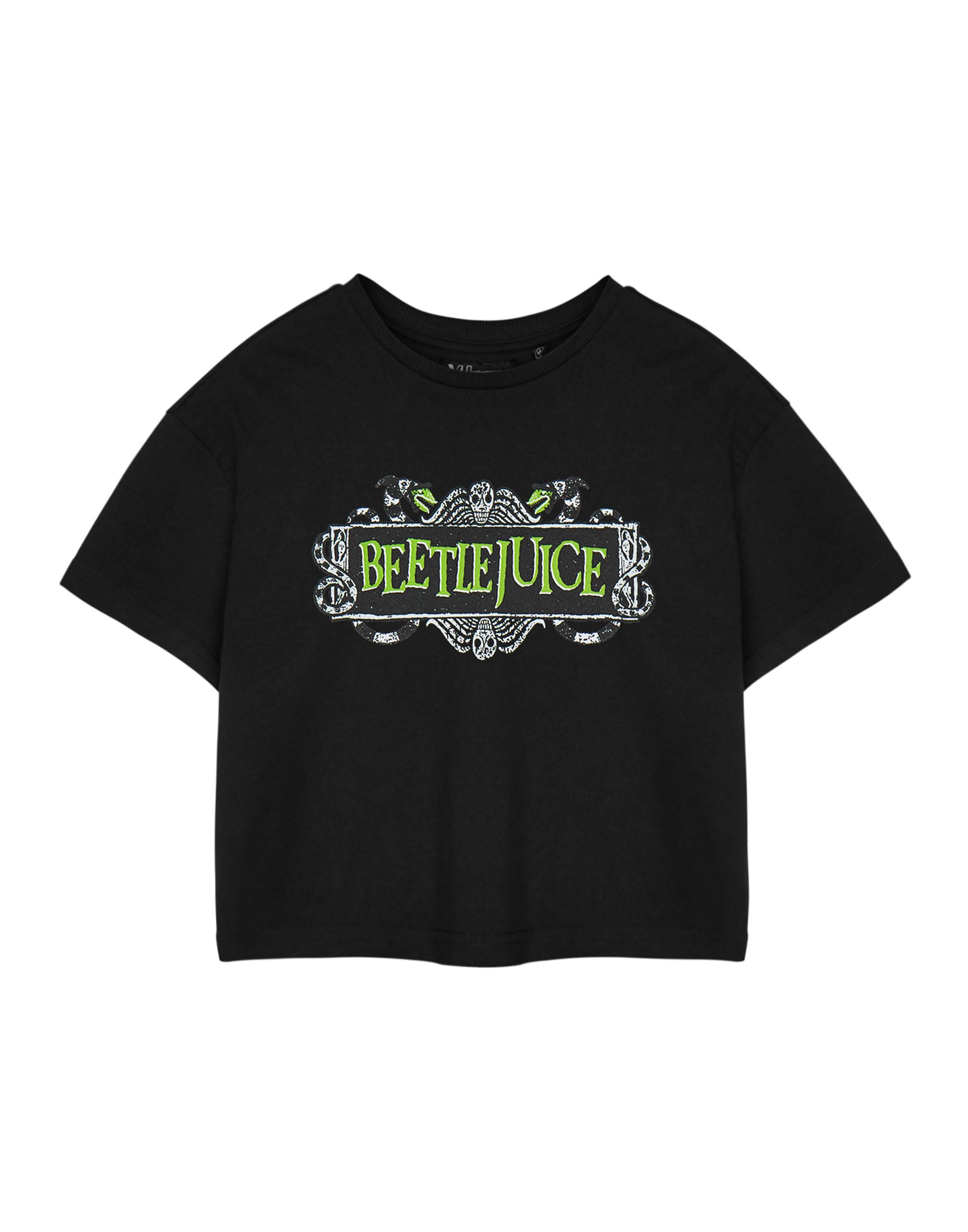 BEETLEJUICE Women's Graphic Tee | Black Crop Top T-Shirt | Short Sleeve Horror Movie Logo Shirt | Casual Everyday Wear | Crew Neck Pullover