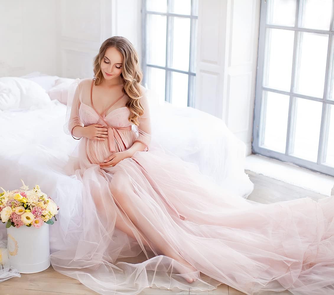 ZIUMUDY Maternity See Through Tulle Split Front Dress for Photoshoot Photography Short Sleeve Sheer - Image 5