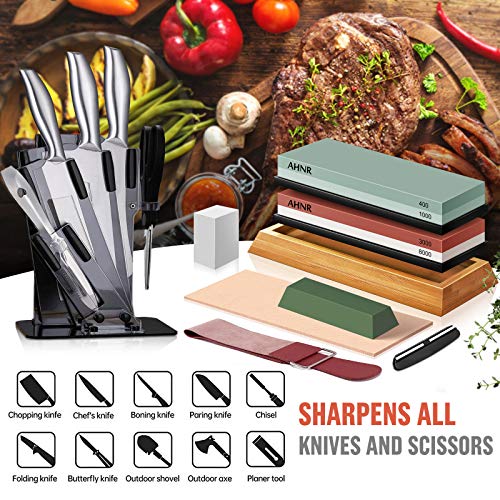 Knife Sharpening Stone Set - 4 Grit 400/1000 3000/8000, AHNR Whetstone Knife Sharpener Kit with Leather Razor Strop, Leather Honing Strop, Polishing Compound, Bamboo Base and Flattening Stone - Thumbnail 6
