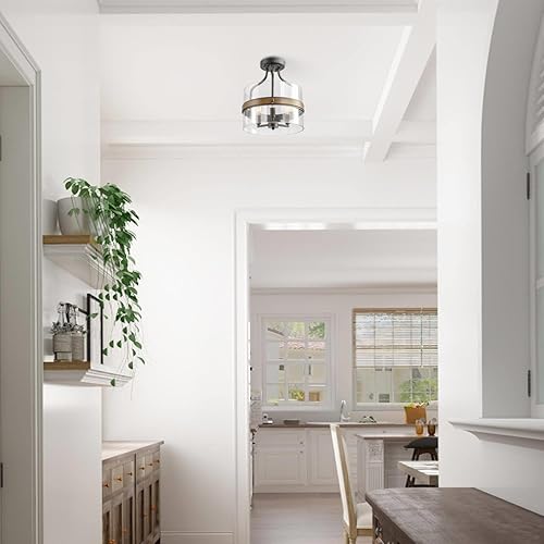 Miniatura 3 de Lámpara de techo semiempotrada de granja, cerca del techo con madera sintética y vidrio transparente para pasillo, dormitorio, cocina, vestíbulo y