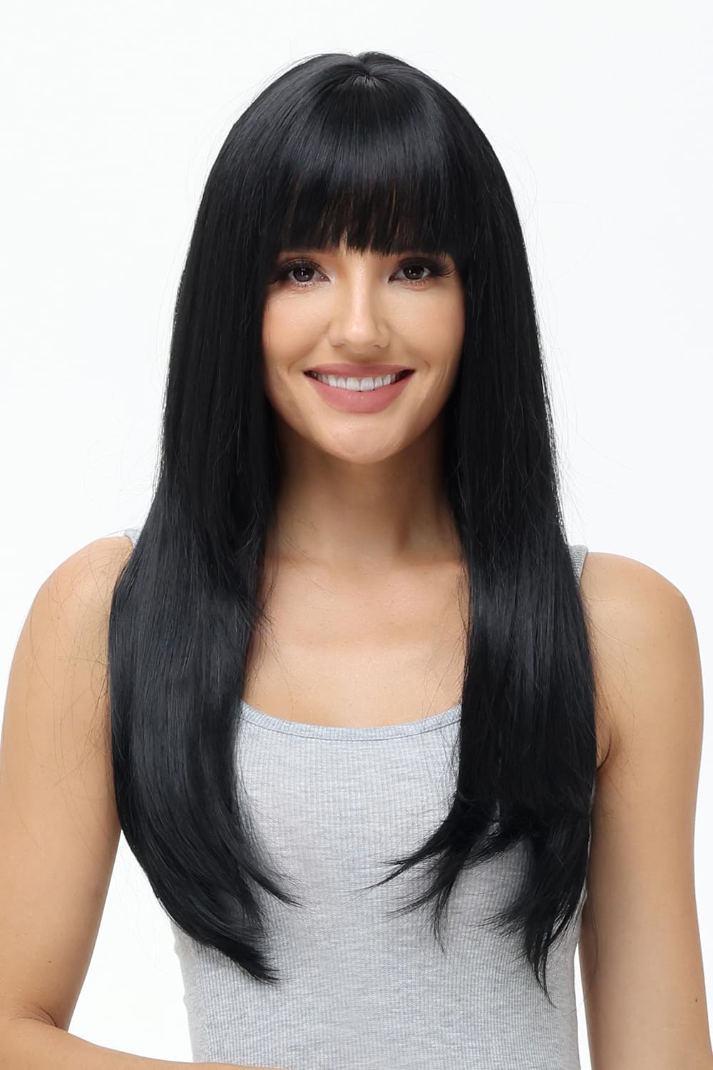 BUYOGET Long Wigs for Women with Fringe Adjustable Straight Synthetic Hair Wig Cosplay Daily Use Wigs 24 inch Natural Black