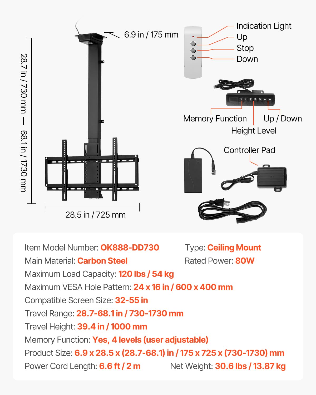 VEVOR Soporte de Techo Motorizado para Televisores de 813 a 1397 mm, Soporte Plegable Ajustable Eléctricamente Patrón Máximo de Orificios VESA de 60 x 40 cm para Televisores de hasta 54 kg