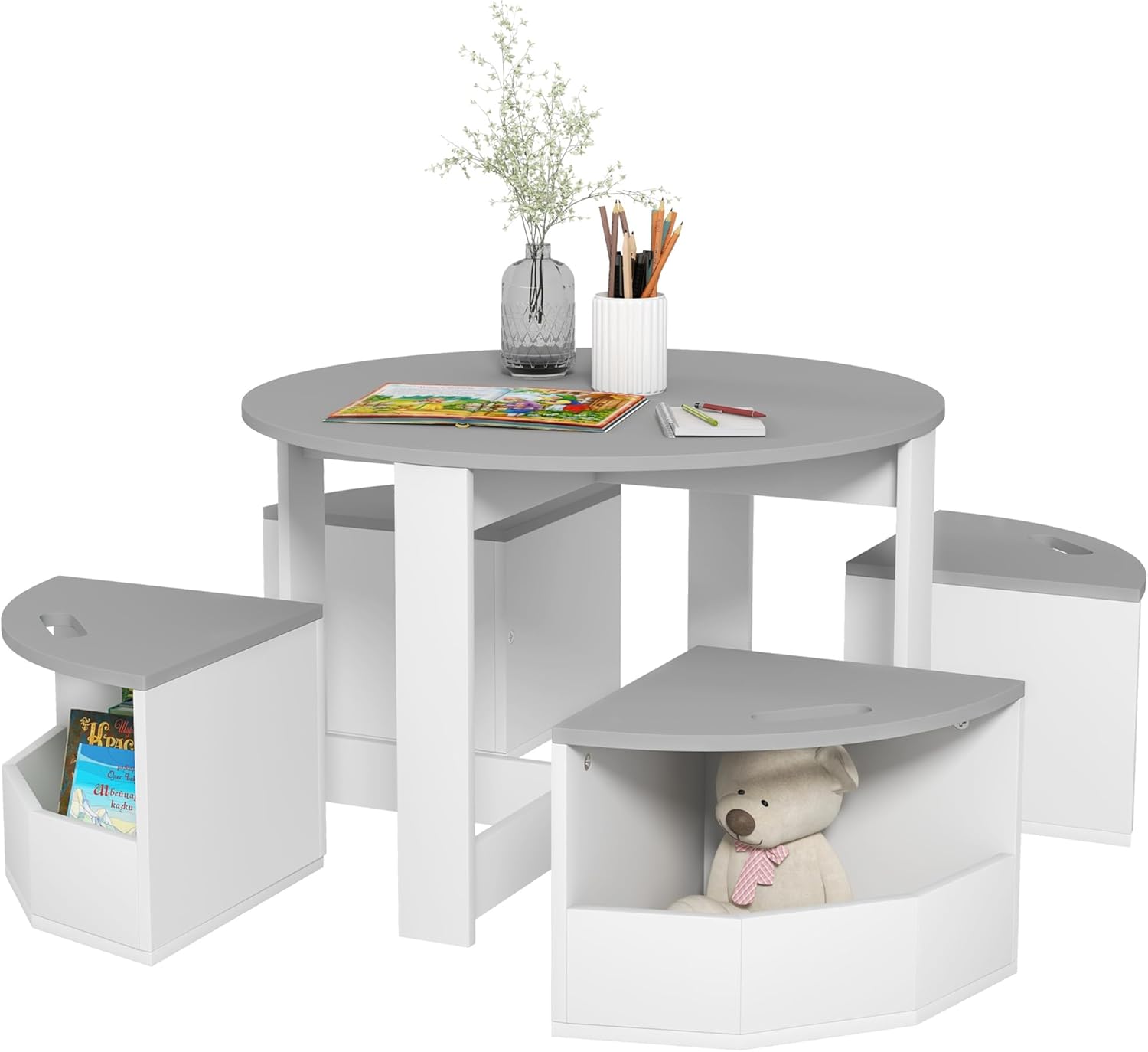 Qaba Toddler Table and Chairs Set, 5 Pieces Round Kids Activity Table with Storage for Play, Art, Craft, Drawing, Playroom, Classroom, Nursery, Gray
