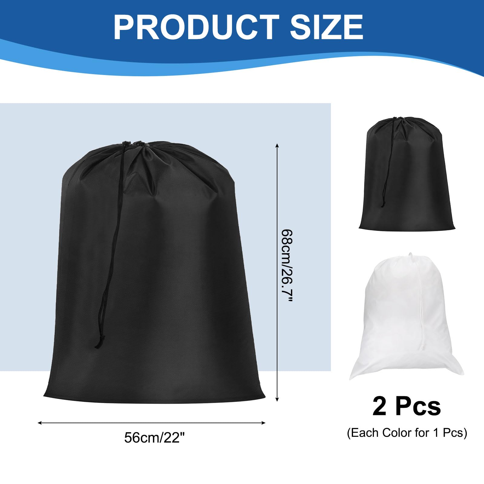 sourcing map 2 sacchetti per la biancheria con chiusura a coulisse, 68,6 x 55,9 cm, sacchetti per vestiti sporchi con manico, lavabili, per viaggi, campeggio e attività all'aperto, bianco/nero