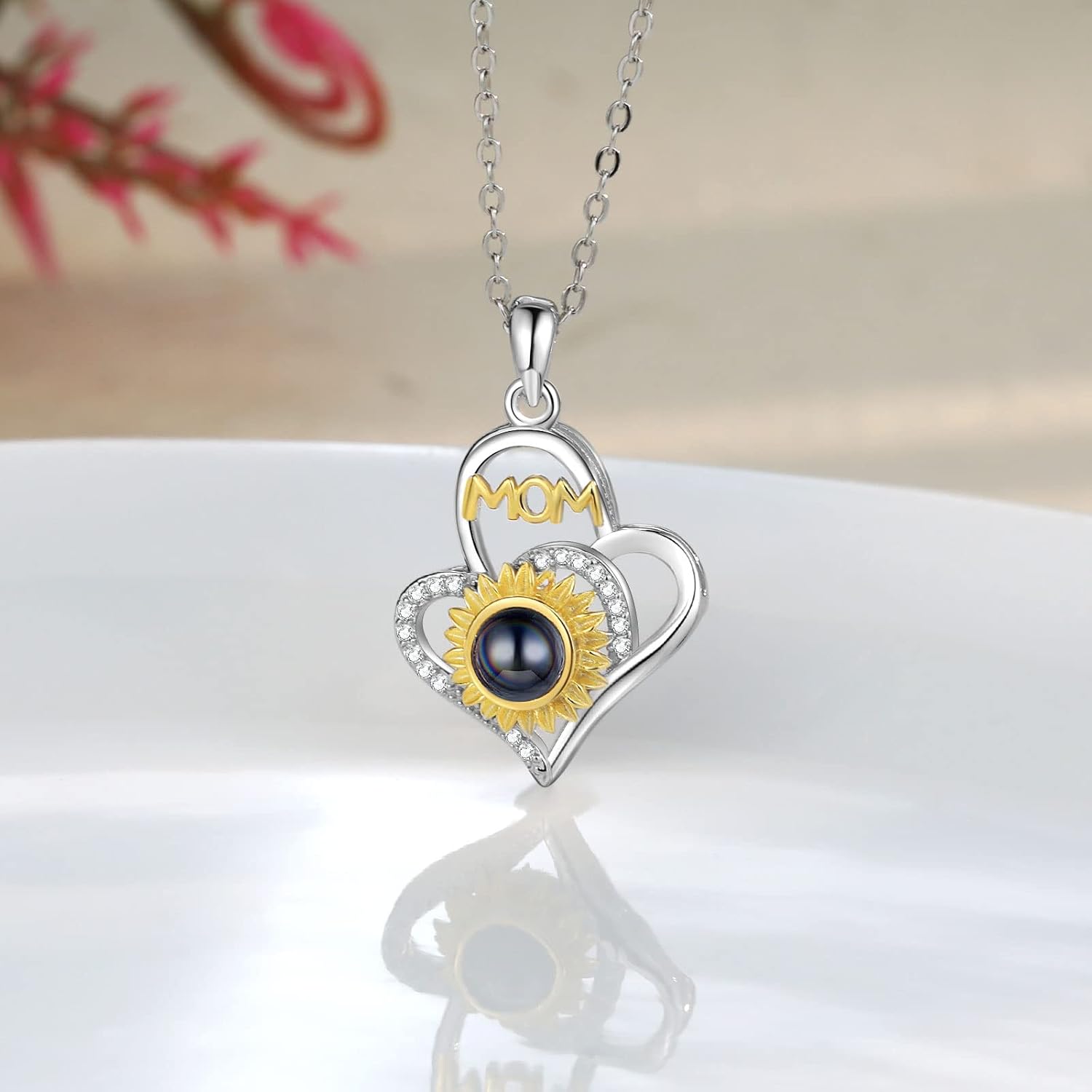 Nameinhea Projection Necklace with Picture Inside Custom Photo Sunflower Necklace for Women Memorial Necklace with Picture Mom Necklace