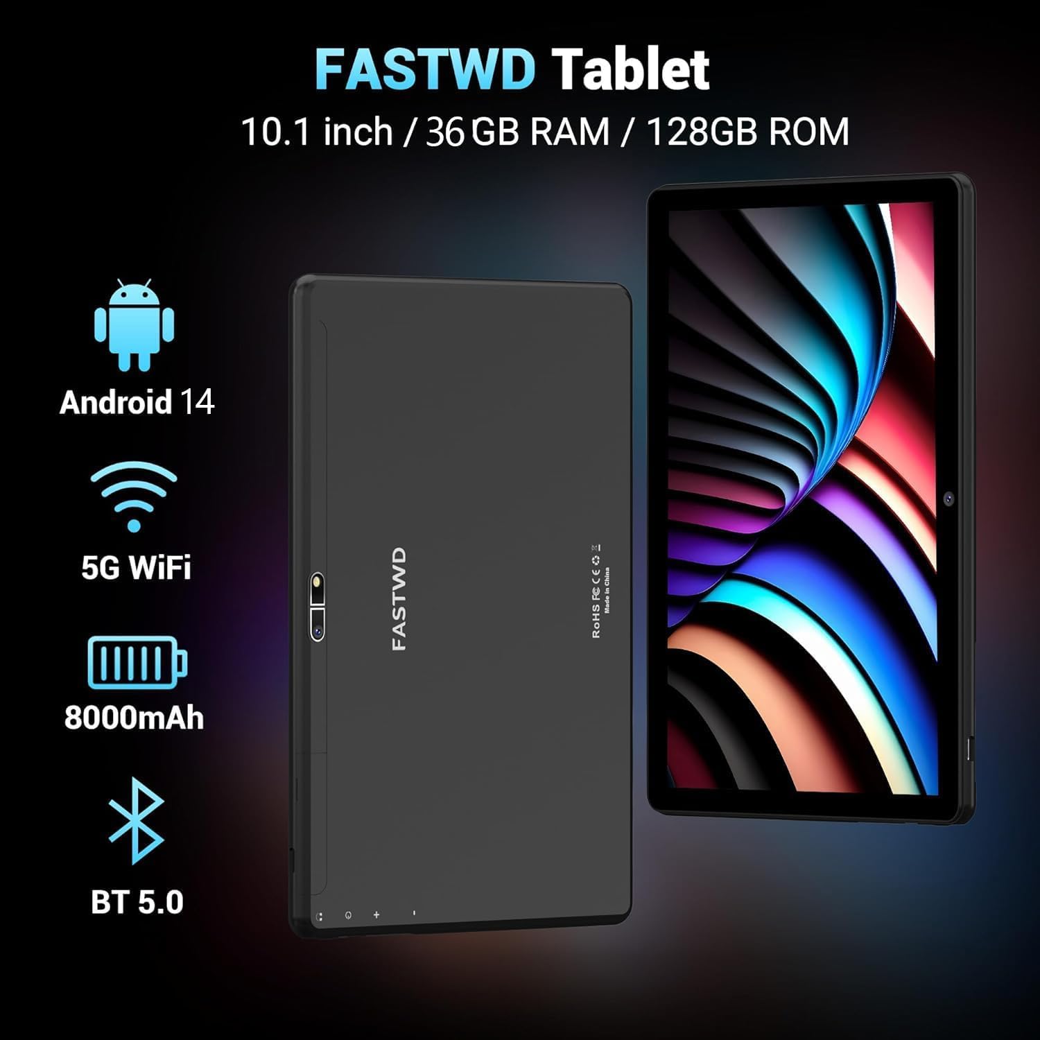 FASTWD 2024 Newest Tablet 10 Pollici Android 14,Tablet PC 5G WiFi 36GB RAM+128GB ROM (1TB TF),Batteria 8000mAh,Tablet 2 in 1 con tastiera,penna,mouse,Nero