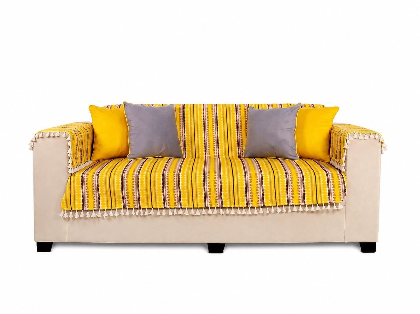 2 Seater Sofa Protector with 2 Hand Rest Covers, Blue & White Stripe Design, Washable Fabric Sofa Cover with Decorative Tassels, Furniture Protector for Living Room Home Décor-image-22