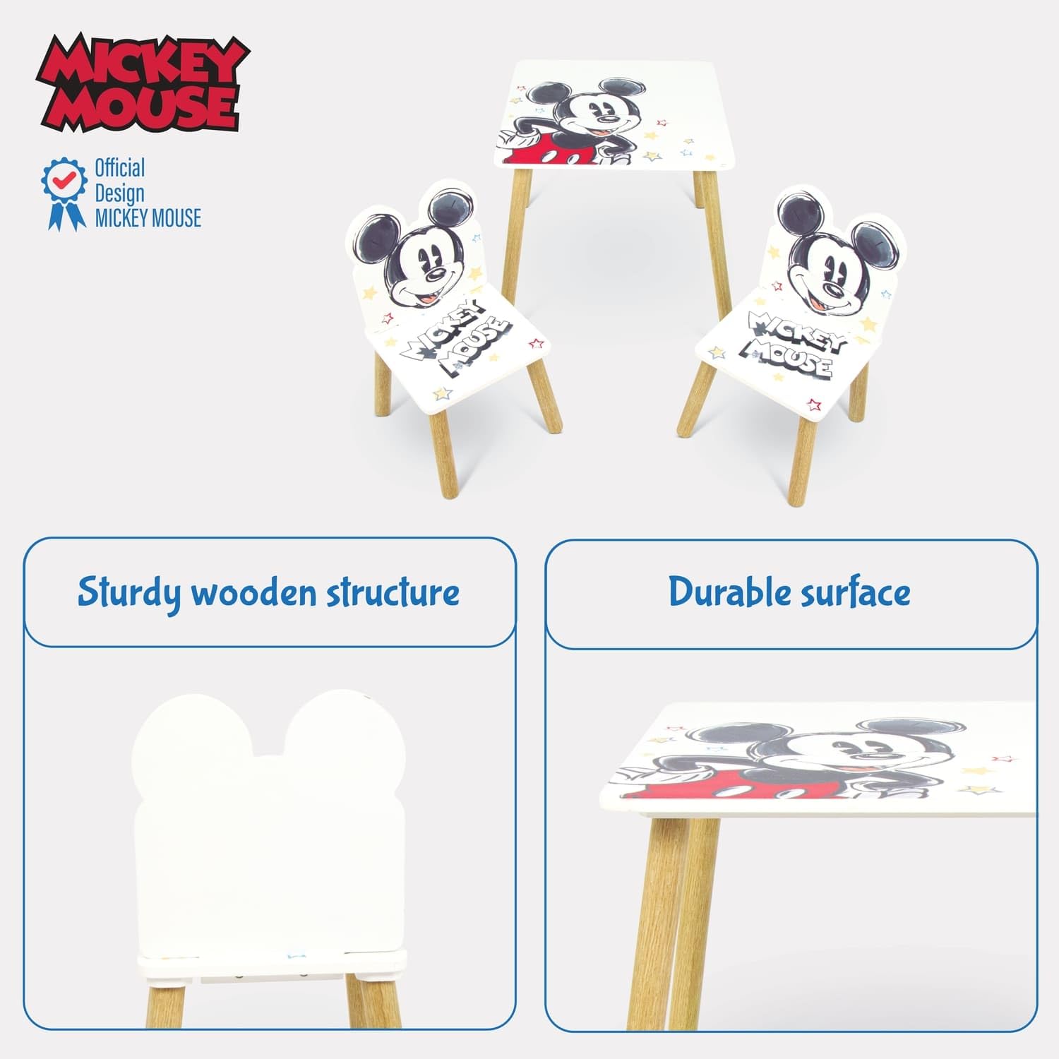 ARDITEX - Set Tavolo e 2 Sedie in Legno per Bambini Licenza Ufficiale Topolino - Tavolo 50x50x44 cm/Sedia 26,5x26,5x50 cm - Blu Chiaro - Ideale per giocare, disegnare e fare lavoretti
