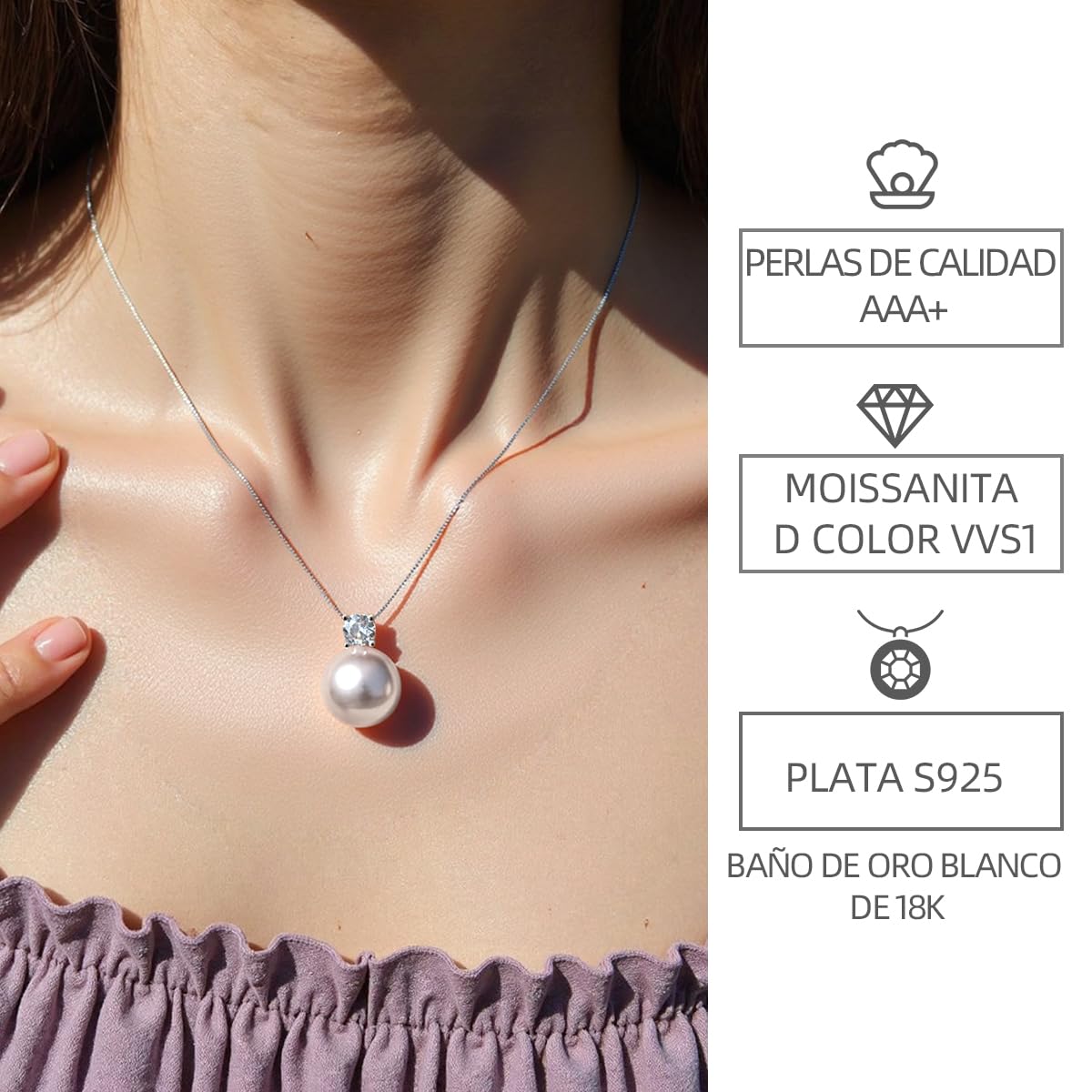 FEIKFEIZ Colgante de Moissanite con Perlas, Diamante de Laboratorio, Plata 925 Baño de Oro Blanco de 18K, Collar de Perlas de Agua Dulce, Regalo para Mujer.