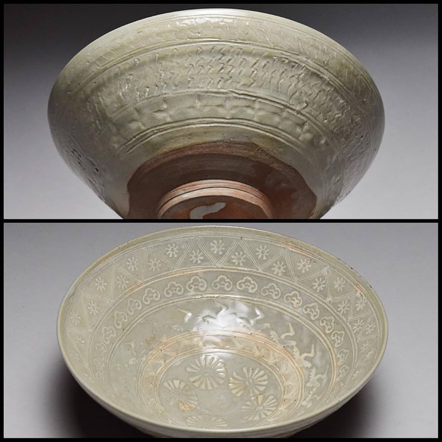 加藤渓山 牙黄磁 華鳥彫刻 鉢 共箱 菓子鉢 茶道具 【k3223】 加藤渓山