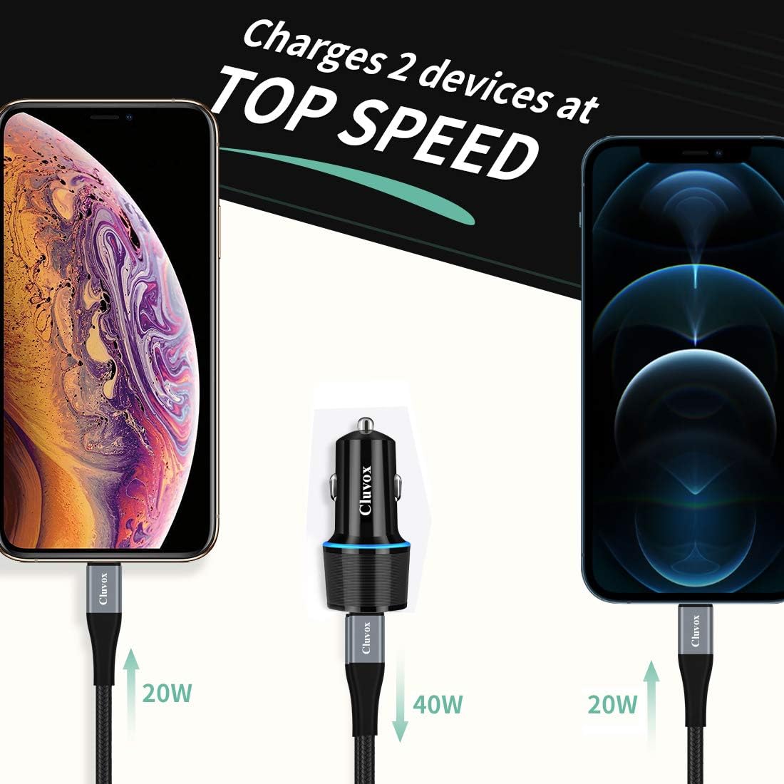 Cluvox 20W USB C Fast Car Charger, Compatible for iPhone 12 Pro Max/Mini/11/XS/X/XR/8/Plus/SE 2020/iPad/Air 3 Dual PD Automobile Charger Adapter with 3.3ft MFi Certified Nylon Cable(40W Total)