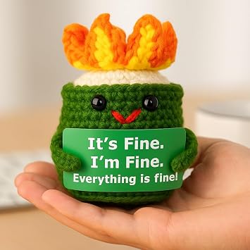 Burning Crochet Dumpster Fire, Woollen Funny Stress Relief Desk Toy, Mood Booster with “It’s Fine, Everything is Fine” Sign, Humorous Gift for Colleague Novelty Gag Birthday Present. Emotional Support