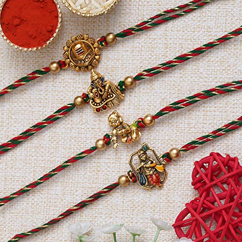 Image of eCraftIndia Set of 4 Golden Laddu Gopal, Lord Krishna Playing Flute, Lord Ganesha, and Shivling Religious Rakhis with Green Red Threads, and Roli Chawal Pack