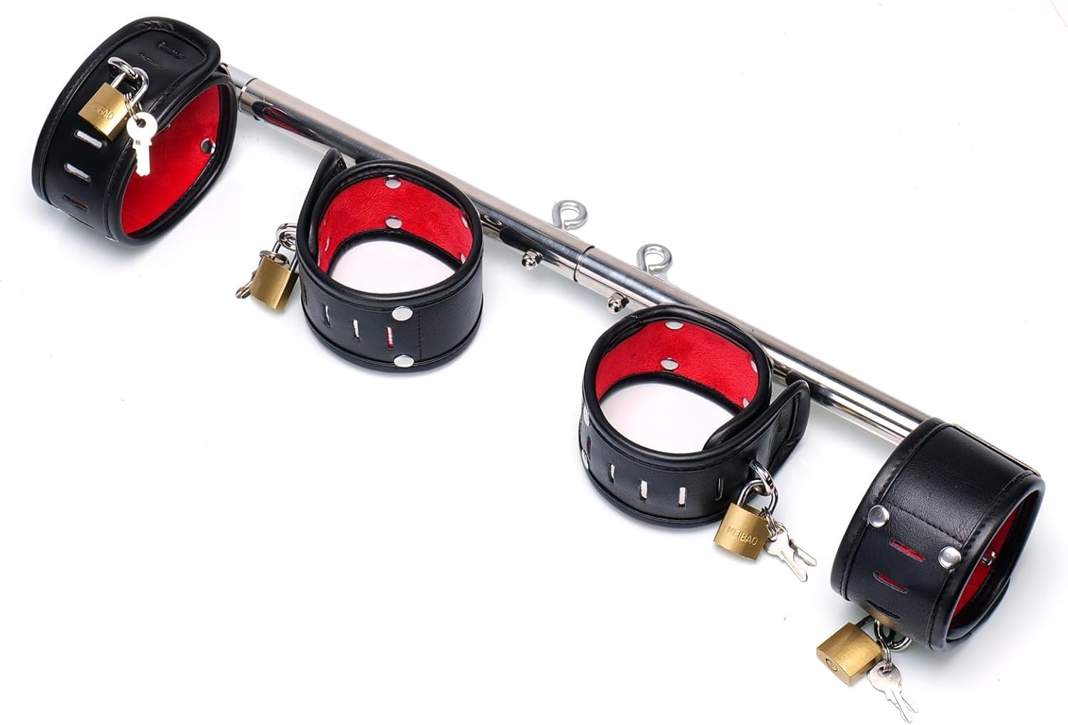 Heavy Duty Stainless Steel Expandable Spreader Bar with 4pcs PU Black--Pink Skull Pattern Detachable Adjustable Straps,Workout Bar for Home Indoor Gym Training Kit (Integration Silver+Black-Red Kit)