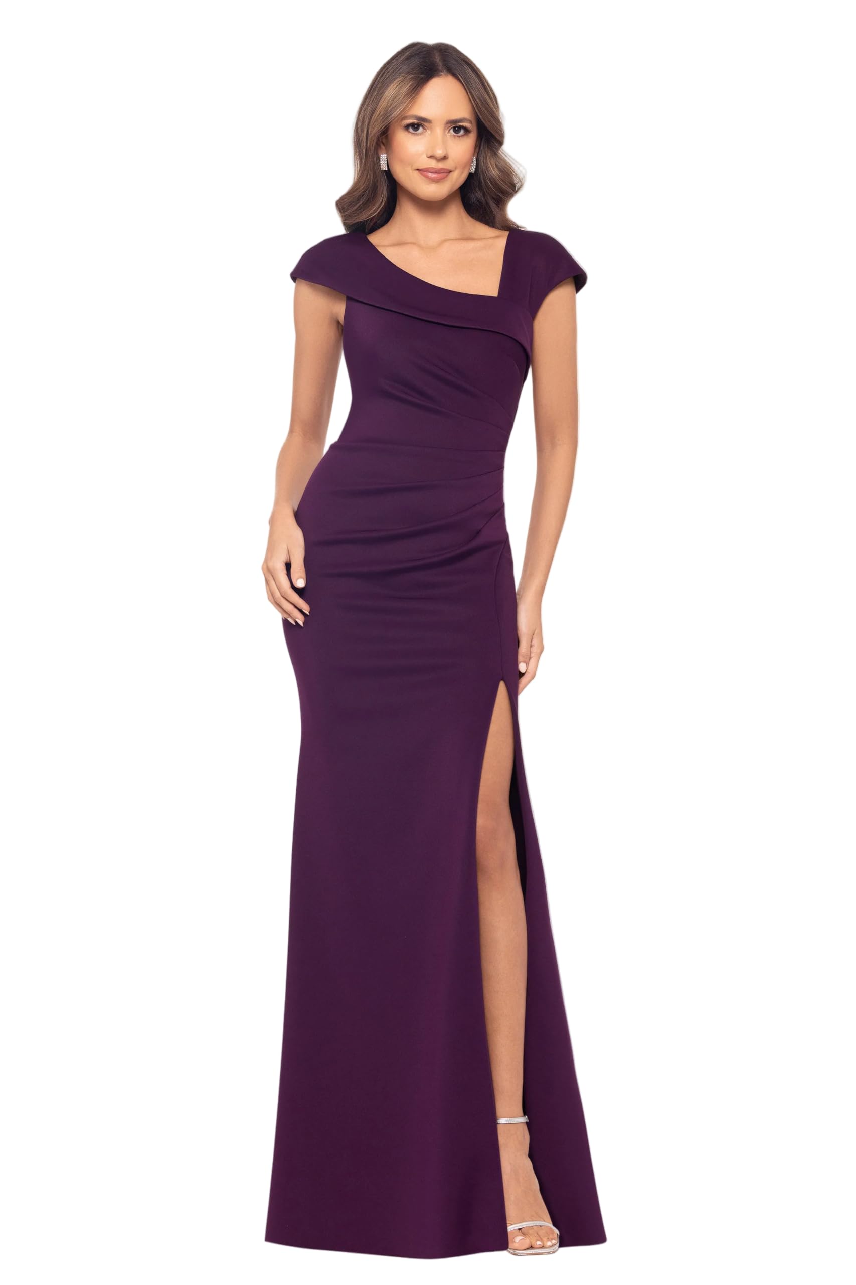Xscape Women's Asymmetrical Neck Cap Sleeve Ruched High Slit Gown, Plum, 14 — coming up at the AmazeDeals auction in Kitchener