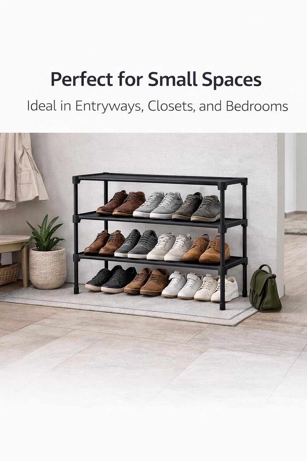 3-Tier Stackable Shoe Rack, Small Space Shoe Organizer for Entryway, Hallway & Closet, Space-Saving Storage, Black – Includes Shoe Horn & Shoe Brush