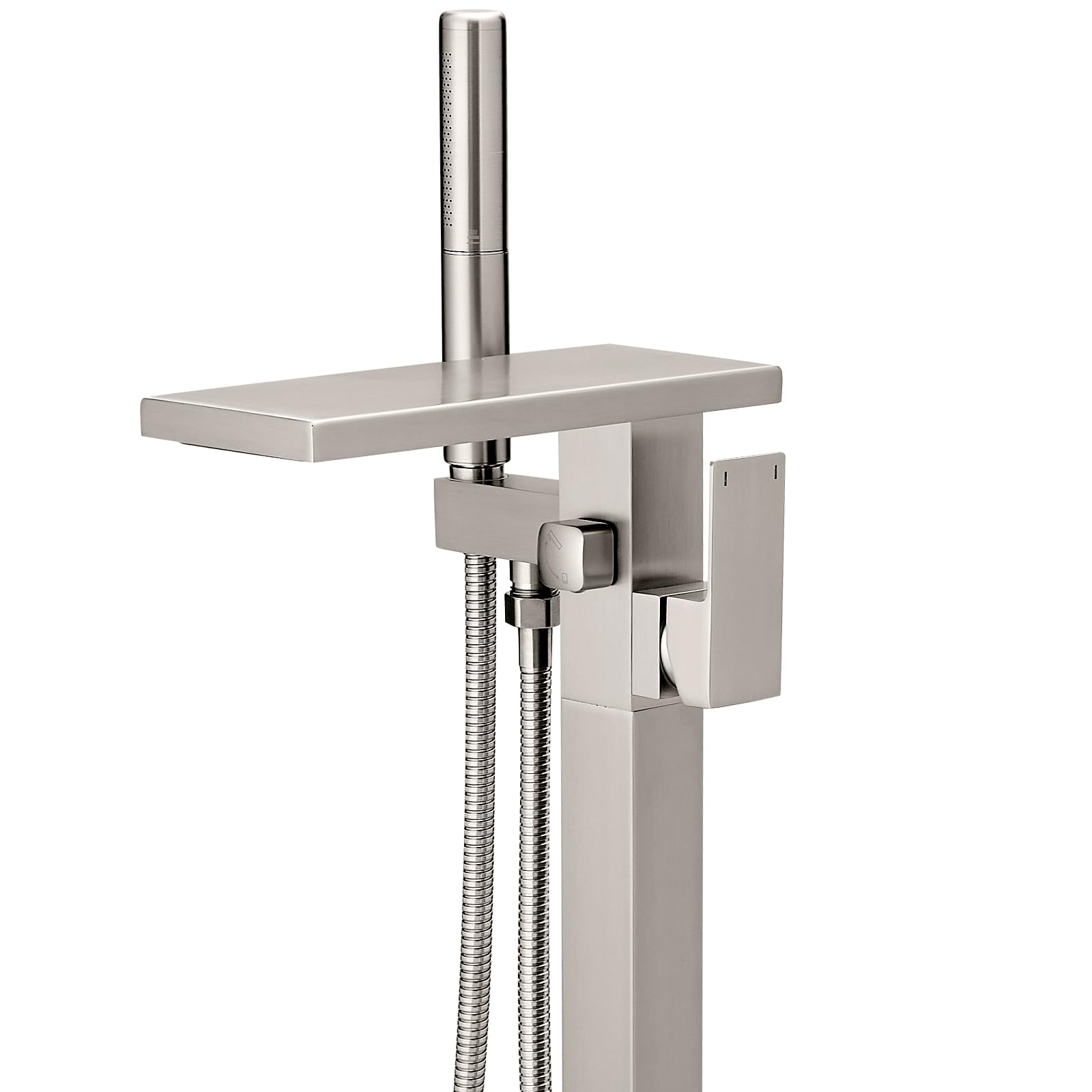 Hoimpro Floor Mount Bathtub Faucet Freestanding Waterfall Tub Filler, Brushed Nickel Single Handle High Flow Shower Faucets Mixer Bathroom Tub Faucets