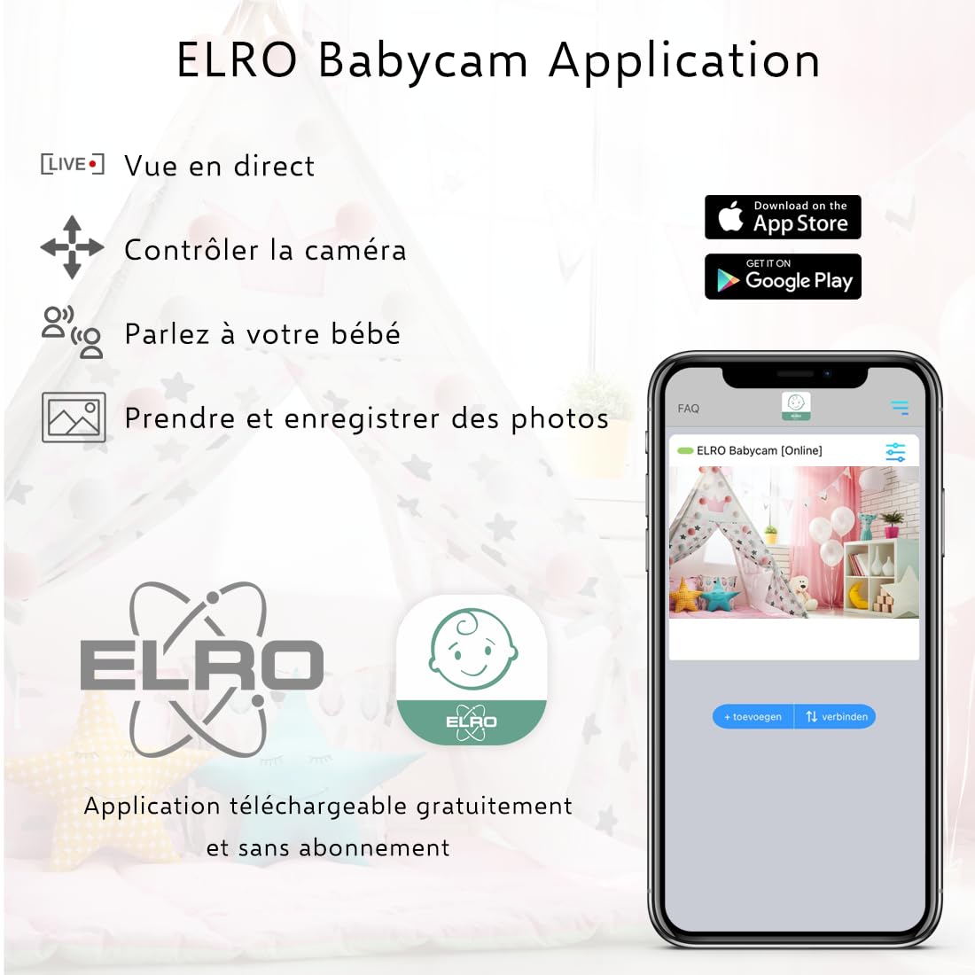ELRO BC3000-2 Royal Baby Monitor z ekranem dotykowym 12,7 cm HD i aplikacją z dodatkowym aparatem, 1 szt. (1 szt.)