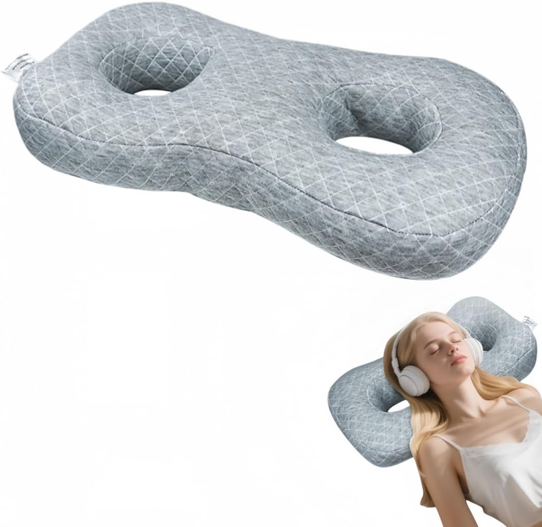 Double Ear Hole Pillow, Ear & Neck Support Pillow for Side Sleepers, Headphone/Earring Wearers,Washable Pillow for Deep Sleep, Ear Pain Relief & Cervical Comfort
