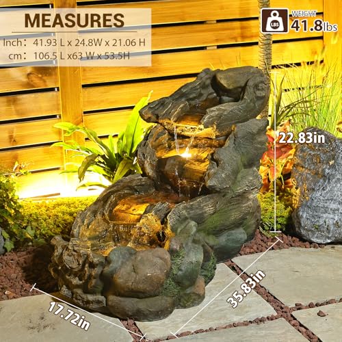 Image of Sunlinua 37 inch L Outdoor Water Fountain with 3 Tiers Cascading Realistic Tree Trunk Waterfall Fountains with LED Lights Outdoor Water Fountain for Garden Patio Backyard Porch Home Decor