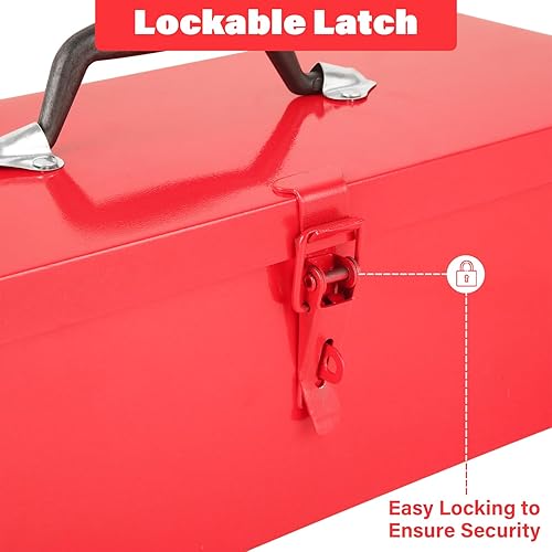 Miniatura 3 de JMIATRY Caja de herramientas roja Caja de herramientas de metal pequeña de 15 pulgadas Caja de herramientas pequeña portátil con cierre de pestillo