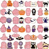 24 cortadores de galletas de Halloween con forma de galletas de Halloween en relieve molde y sellos de Halloween formas de Halloween cortadores de galletas de plástico 3D para niños,