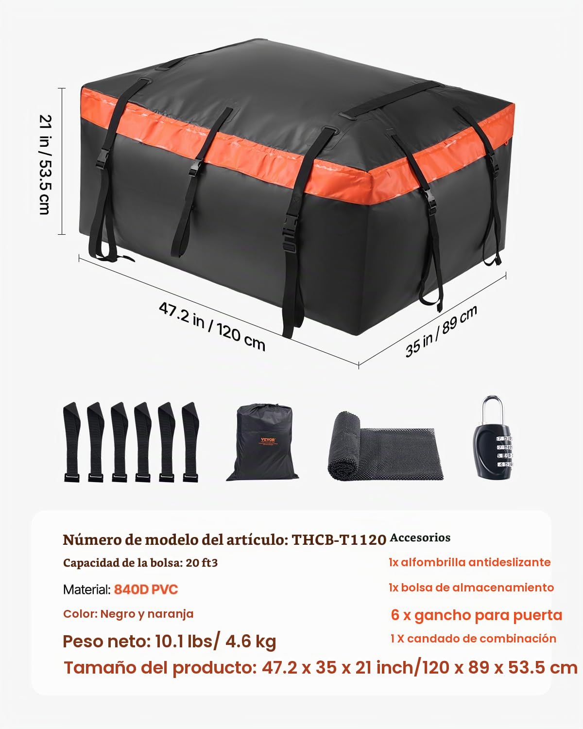 VEVOR Bolsa de Carga para Techo de Automóvil, 20 Pies Cúbicos, Resistente, 840D PVC, 100% Impermeable, para Todos los Vehículos, con Cerradura, Tapete Antideslizante, 120 x 89 x 53,5 cm, Negro
