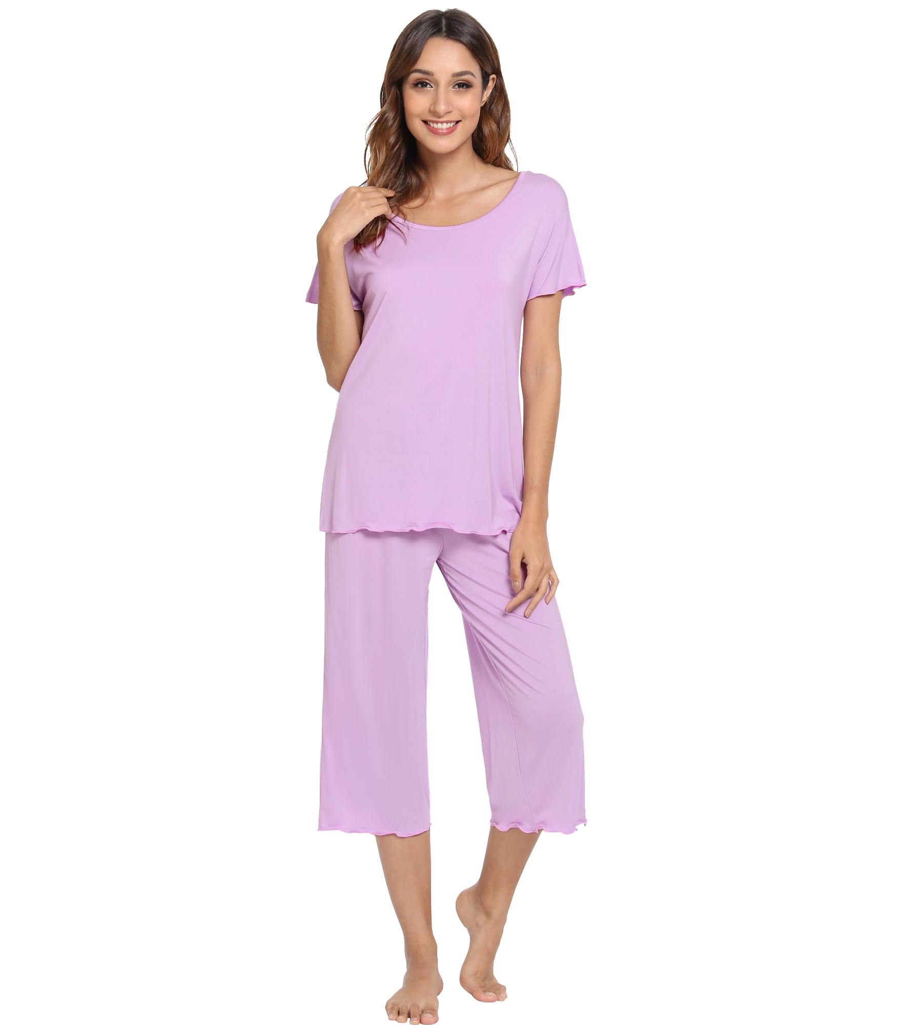 WiWi Pajamas for Women Super Soft Pajama Sets Cooling Short Sleeve Top Capri Pants Viscose from Bamboo Sleepwear Pjs S-4X