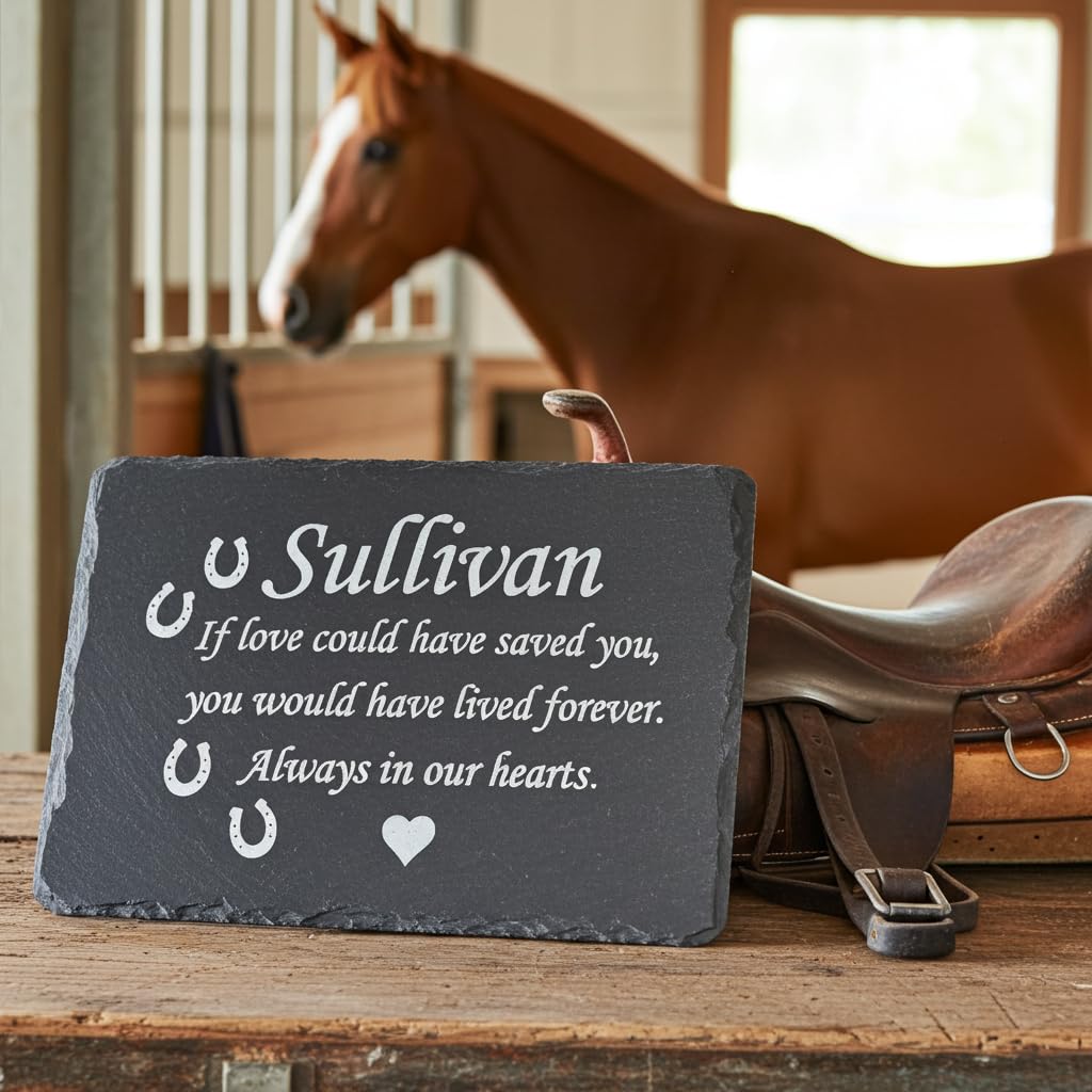 Personalised Horse Memorial Plaque | Equine Remembrance Slate Plaque for Horses, Ponies & Donkeys | Custom Grave Marker & Stable Memorial | Made in Britain. 28cm x 18cm