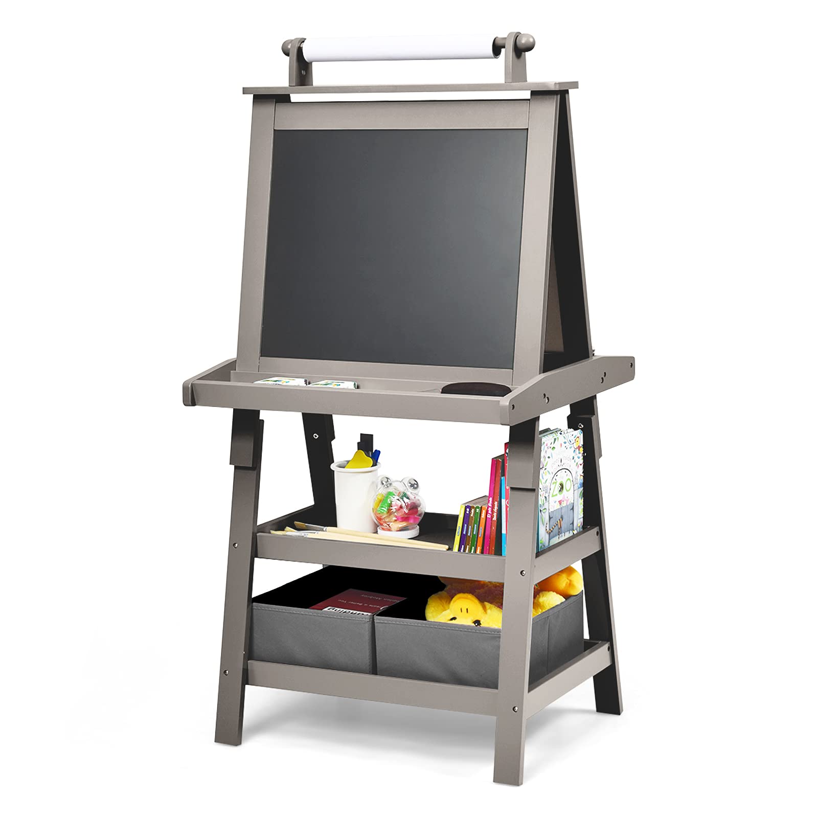 Maxmass 3 in 1 Kids Art Easel, Double-Sided Whiteboard & Chalkboard with Paper Roll, Art Drawing Board Stand for Nursery and Baby Toddler Junior Bedrooms (Grey)