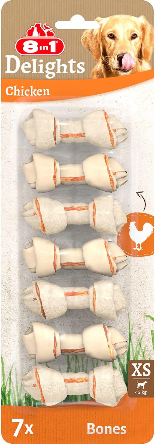8in1 Delights Chicken Chew Bones XS, healthy chew snack for toy dogs, 7 pieces