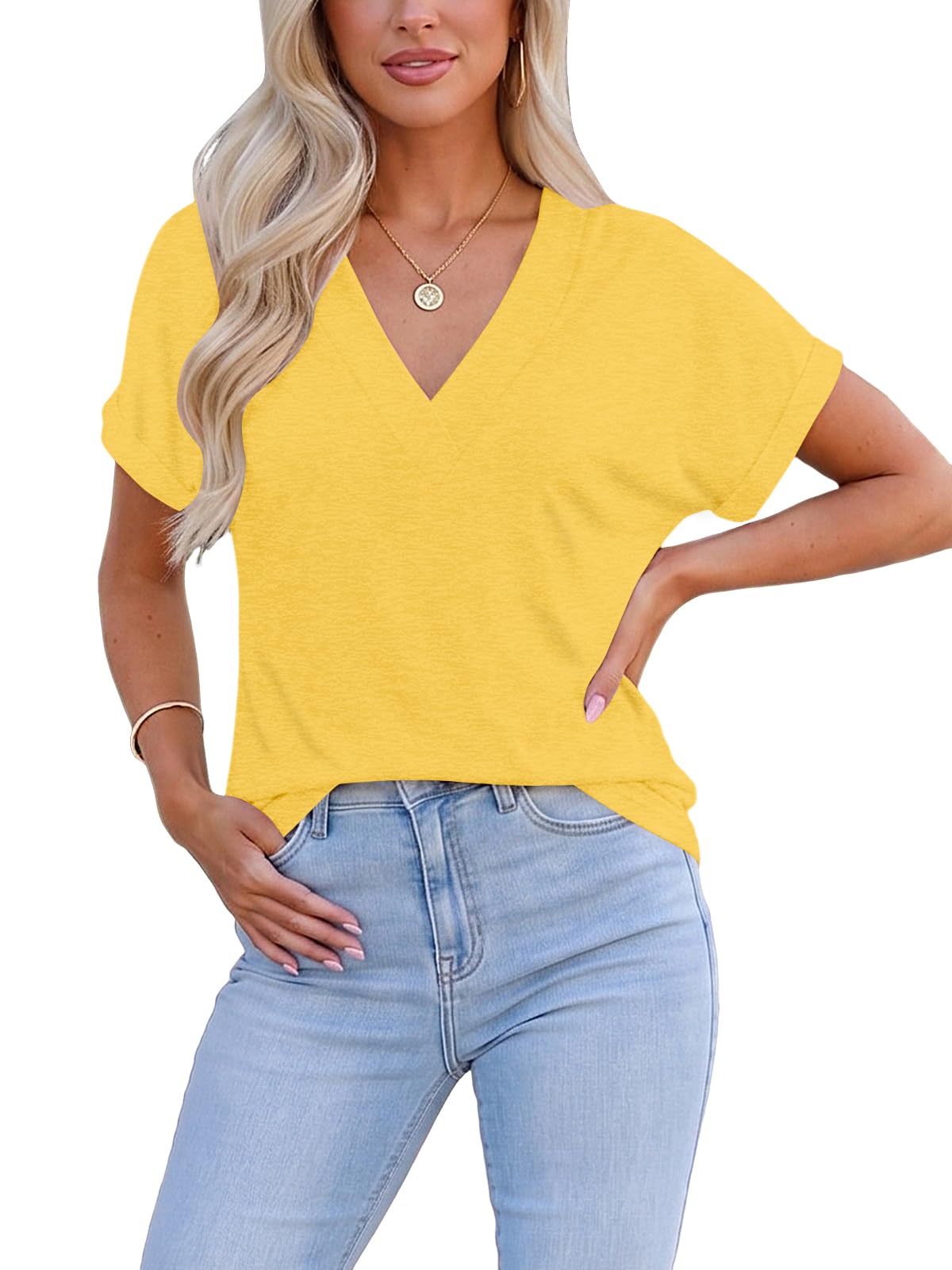 Cuptacc Camiseta Mujer Manga Corta Cuello en V Blusas Mujer Verano Elegantes Suelto Básica Top