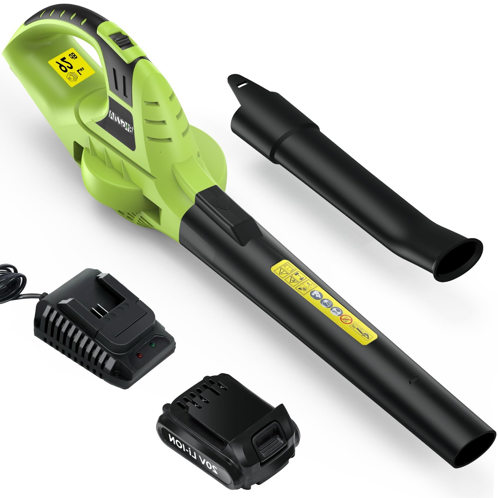 bigzzia Cordless Leaf Blower with 20V Li-ion Battery, Electric Garden Blower with 2-Speed, Detachable Tubes, 3.3 IBS Lightweight, 209CFM Blower for Leaf Dust Snow