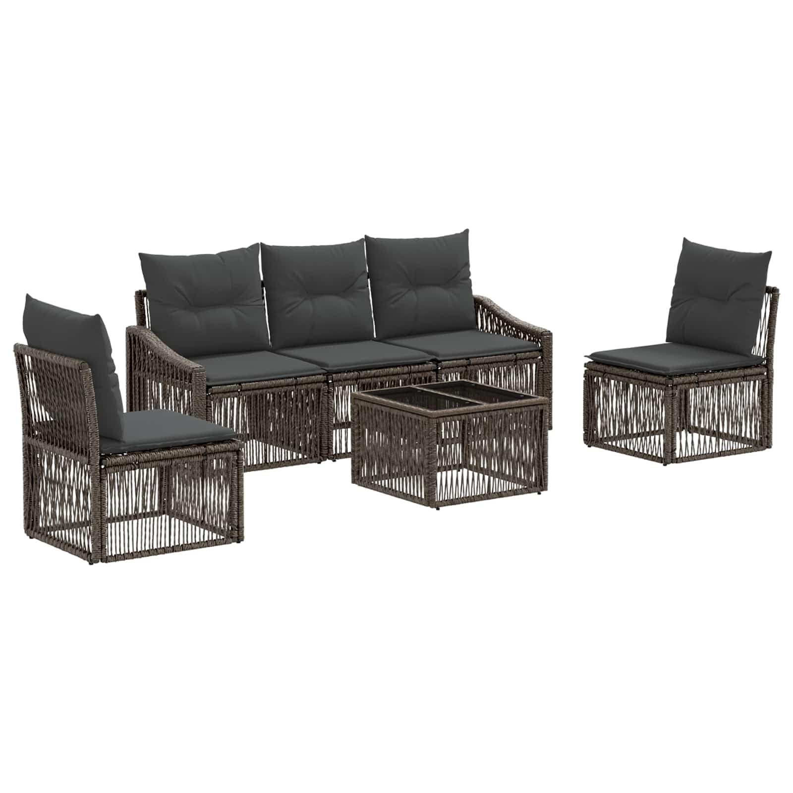 Set di 6 divani da giardino in polyrattan, colore grigio | Set di mobili da esterno flessibili con cuscini per giardino e terrazza. Robusto telaio in metallo con intreccio facile da