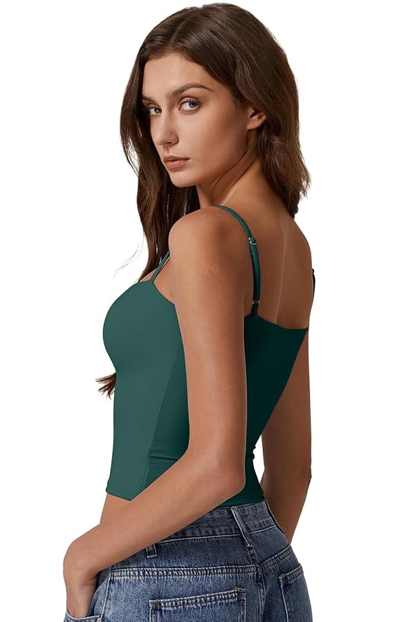 QINSEN Women's Double Lined Basic Tank Top Adjustable Spaghetti Straps Sleeveless Camisole Shirts Malachite Green M by QINSEN - Used condition - Image 3