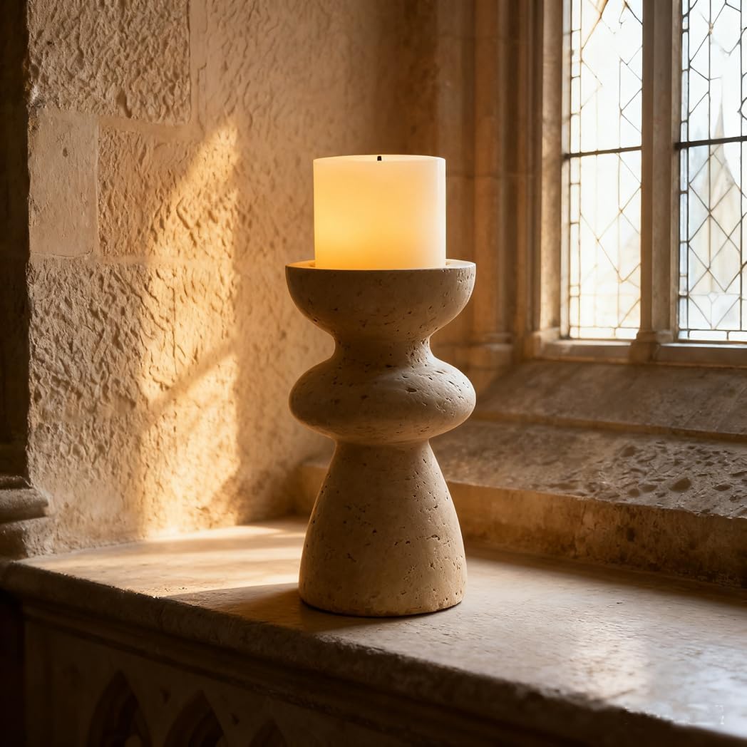 Pillar Candle Stick Holders Votive Candle Holder Set Vintage Plate Candle Holders Travertine Candle Holder Decor (2)