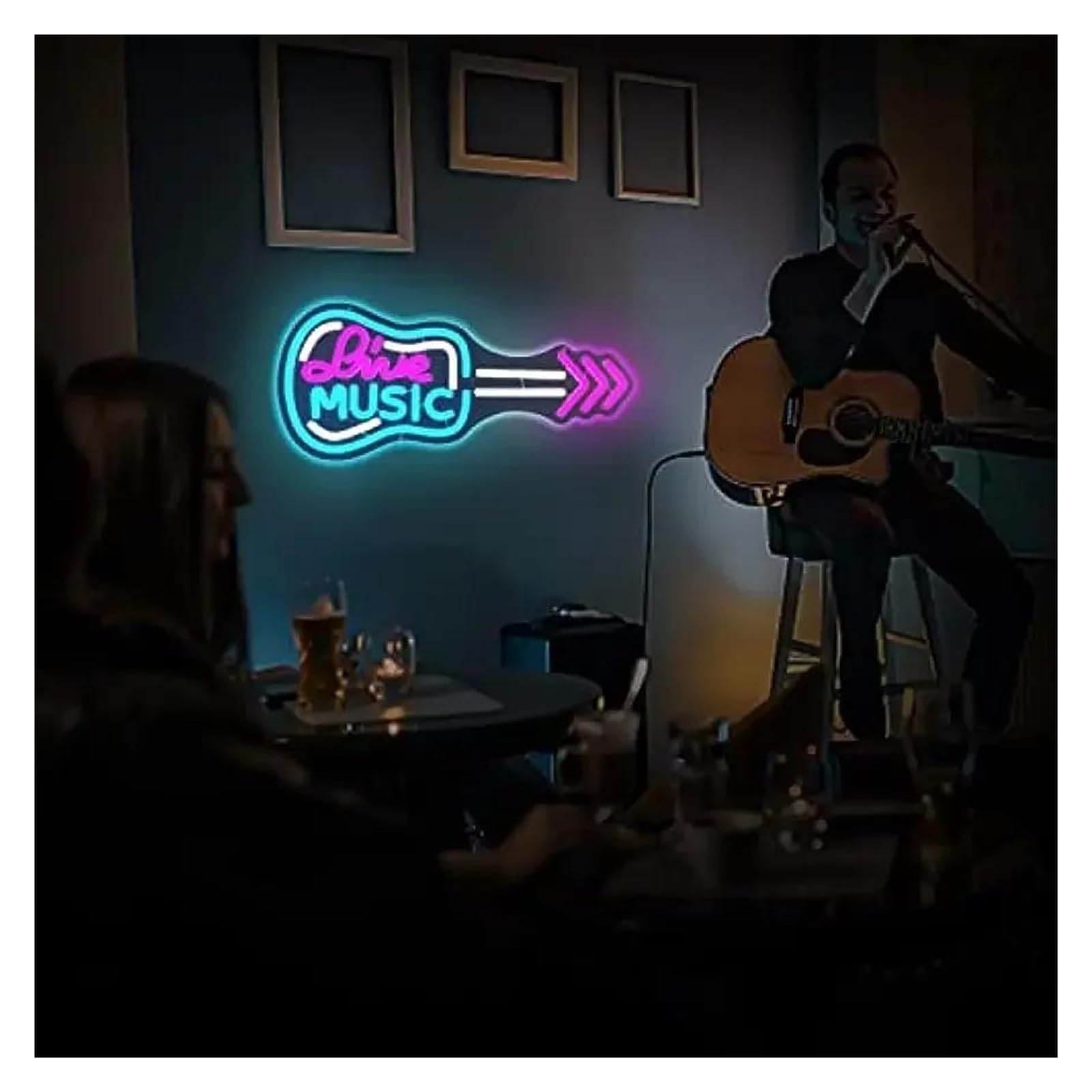 Luci al Neon Da Parete Insegna Al Neon Live Music A Forma Di Chitarra Per Decorazioni Da Parete, Luci Dimmerabili, Alimentazione Tramite USB, Per Illuminate, 42cm×19cm