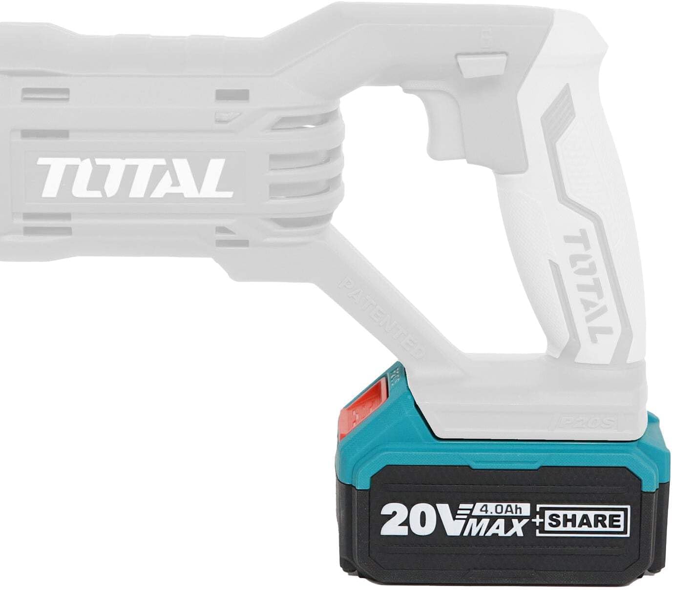 TOTAL TFBLI2002 battery pack attached to a power tool, side view