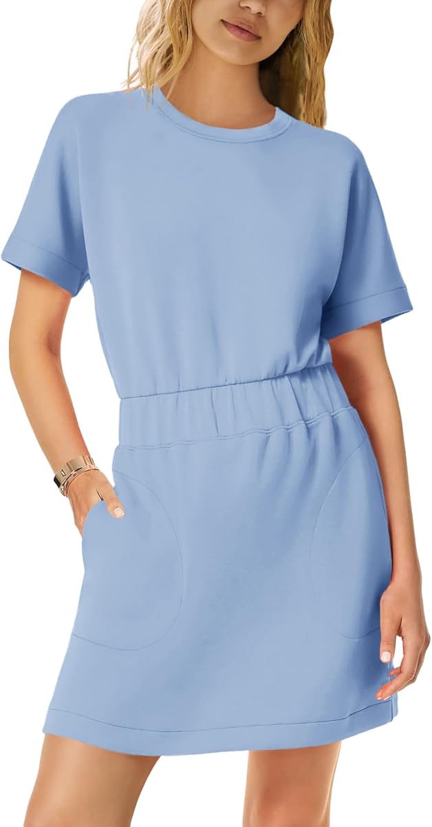 SENSERISE Womens Short Sleeve T Shirt Dresses Crew Neck Solid Color Basic Smocked Waist Dress with Pockets