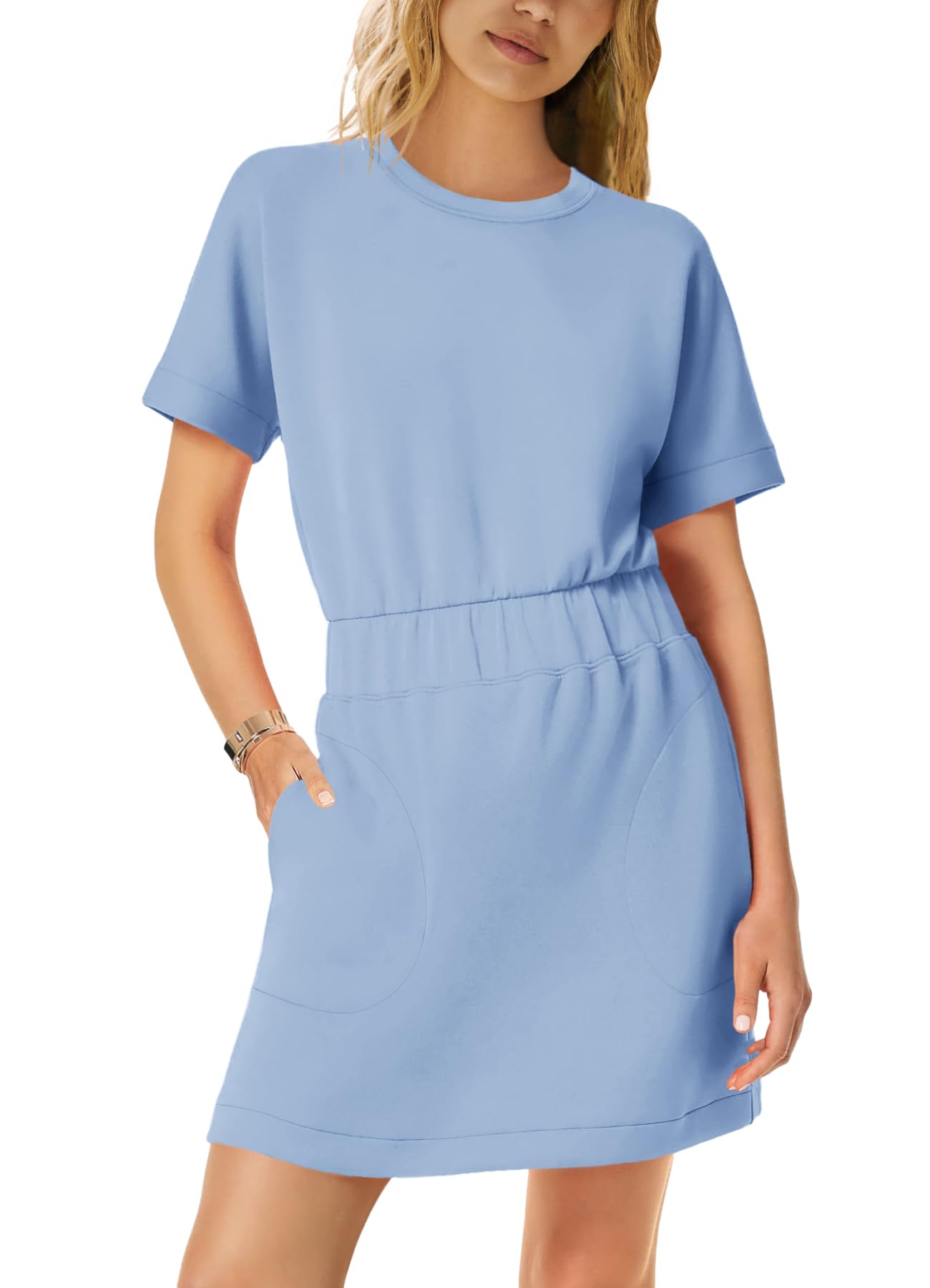 SENSERISE Womens Short Sleeve T Shirt Dresses Crew Neck Solid Color Basic Smocked Waist Dress with Pockets