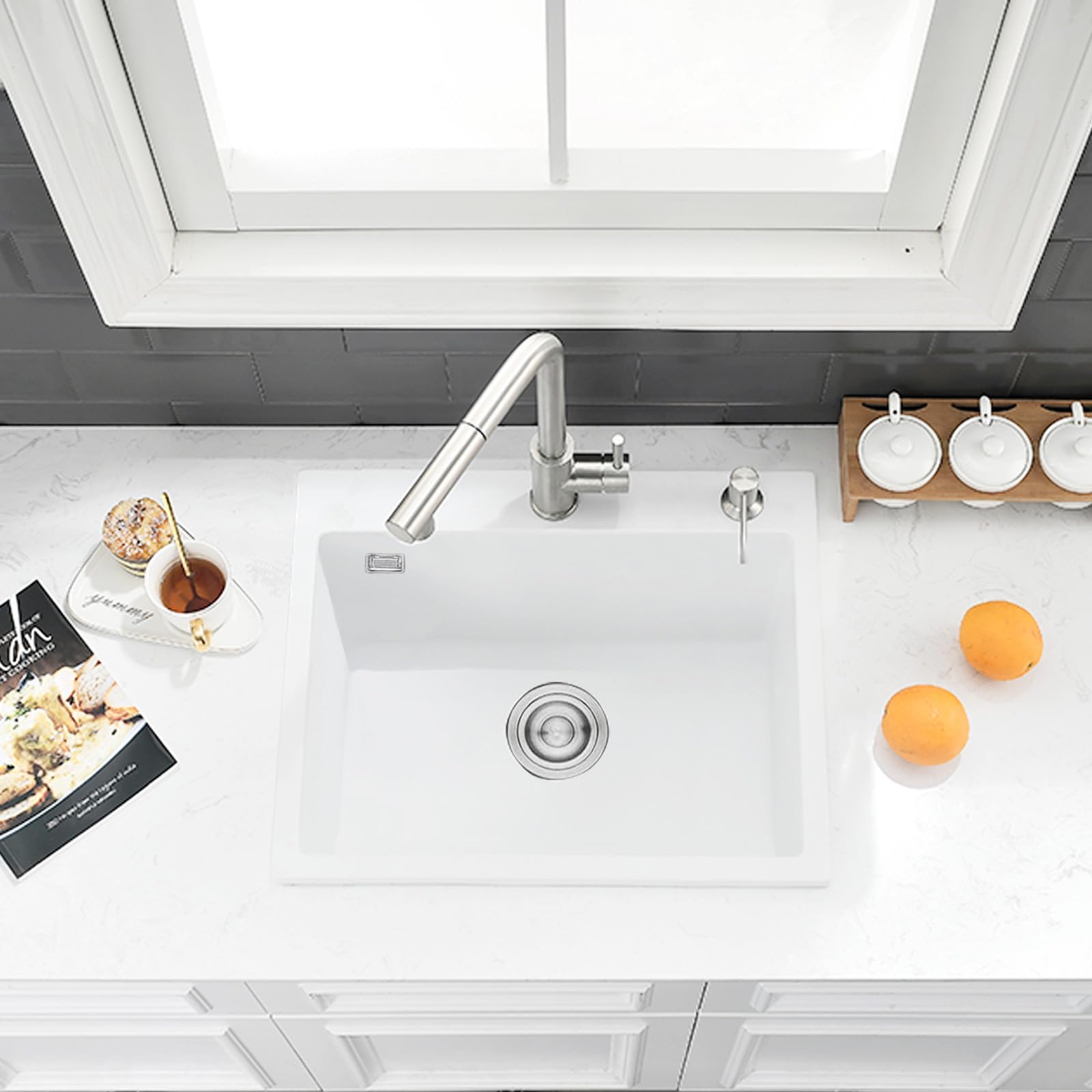 Lavello da Cucina Bianco 55 x 45cm, Lavello Cucina 1 vasca in Granito, Bokaiya Bianco Lavandino, lavandino da Esterno con Set di Drenaggio e 2 Fori di Preforato, Installazione a Sopratop o Filotop
