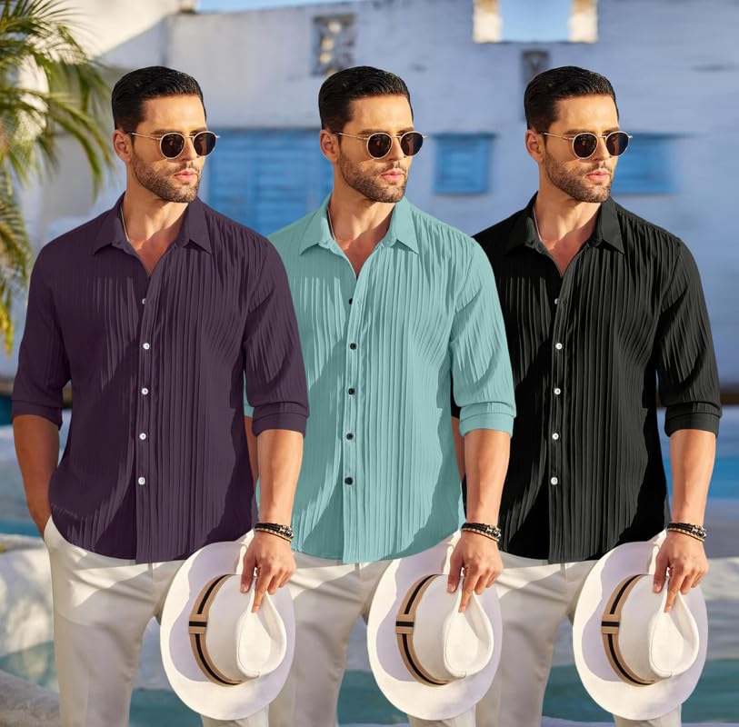 Image of FINIVO FASHION Combo of Men's Casual Cotton Plain Button Down Shirt Long Sleeve Textured Summer Beach Shirt for Men Pack of 3