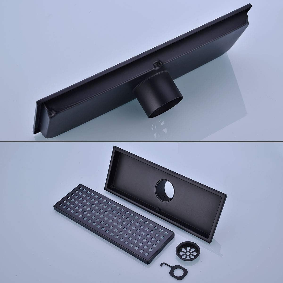 Linear Shower Floor Drain with Removable Cover Grid Grate 12 inch Long Rectangle, SUS 304 Stainless Steel Matte Black Plated Finish