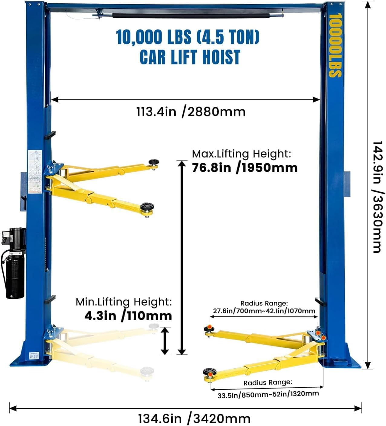 10,000 LBS 2-Post Car Lift, 77" Max Height Auto Lift with Single Point Lock Release & Overhead Hydraulic Auto Lift, Clear Floor Hoist for Garage, Parking, or Workshop, 3 Year Warranty, 220V